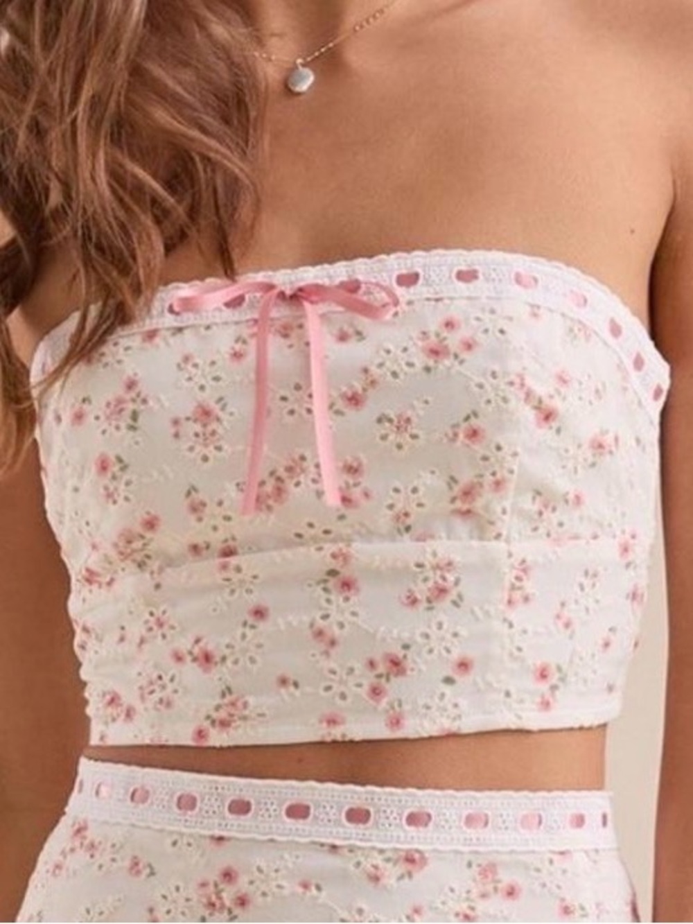 Altar'd State White & Pink Floral Eyelet Embroidered Bandeau Crop Top Medium